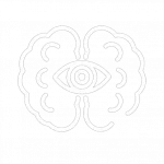 Weißes Gehirn-Symbol mit einem Auge in der Mitte. Icon für Hypnose, Trance, Bewusstsein und mentale Prozesse.