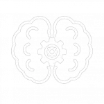 Weißes Gehirn-Symbol mit Zahnrad in der Mitte. Icon für Psychotherapie, mentale Prozesse, Denken und seelische Gesundheit.